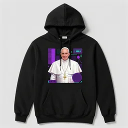 the pope in a black hoodie with synthwave art on it