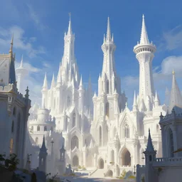 city of mages. white buildings, towers. blue sky, lighting. fantasy, digital painting, hd, detailed.