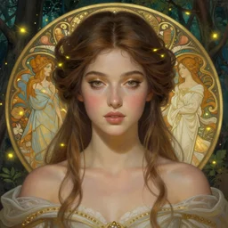 symmetry portrait of brunette princess, glam, fae, fireflies, forest background, intricate, elegant, highly detailed, digital painting, artstation, concept art, smooth, sharp focus, illustration, art by artgerm and greg rutkowski and fra angelico and alphons mucha
