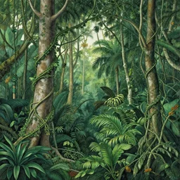 tropical jungle with tall trees and vines by ernst haeckel