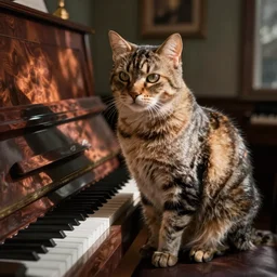 “ cat sitting on piano, hyperrealistic ”