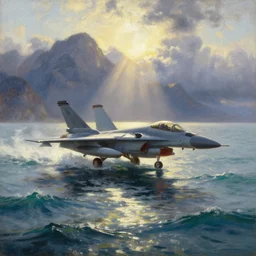 oil painting of fighter jet roaming the ocean in dawn by anders zorn, wonderful art by greg rutkowski, incredible lighting, shadows, beautiful cinematic light, american romanticism by greg manchess, tall rocky mountains and storm clouds, sun rays, sunshine, bright sunny summer day, tall backlit waves, wild water, reflections