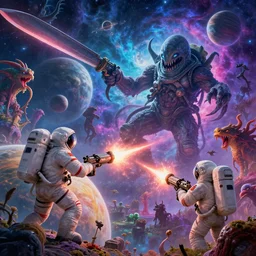 Astronauts have a treasure with them, they are shooting big plasma guns against the giant Cthulhu that is hunting them, they have large blades too, they are over the ring of the gas planet, this is an extravagant planet with wacky wildlife and some mythical animals, the background is full of nebulas and planets, the ambient is vivid and colorful with a terrifying atmosphere, by Jordan Grimmer digital art, trending on Artstation,