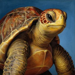 turtle headed human mugshot by botticelli, brown skin, classical painting, digital painting, romantic, vivid color, oil painting