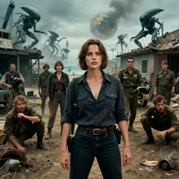 color! hollywood blockbuster. dark fantasy. casually - dressed women with men in dirty seaside town. a globster. 2 0 1 1 cinematic action!! scifi. spinning!!! hybridizing! alien - robot invasion. alien military vehicles and weapons. frightened refugees. youthful linda hamilton with youthful sigourney weaver ( in military uniforms ).