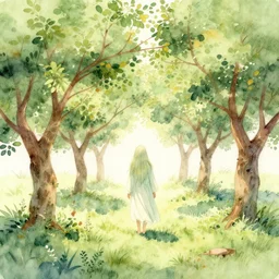 lost forest spirit in an orchard. this watercolor painting by the award - winning comic artist has dramatic lighting, an interesting color scheme and great sense of depth.