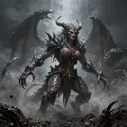 raging very beautiful lilith the mother of all monsters, raining ash, fine art masterpiece, highly detailed dino valls wayne barlowe machiej kuciara, dramatic lighting, long shot, wide angle, uhd 8 k, sharp focus