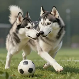 a siberian husky playing soccer with his nose, diffuse lighting, fantasy, highly detailed, photorealistic, digital painting, artstation, illustration, concept art, smooth, sharp focus, in the style of tom bagshaw