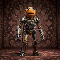 a centered render of a bio - organic muppet adorned with cables and synthesizer parts is surrounded by paisley wallpaper, full body, bio - mech face, powerful, cinematic, beautifully lit, by artgerm, by karol bak, 3 d, trending on artstation, octane render, 8 k
