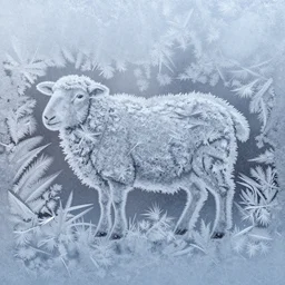 a beautiful closeup photo of a frost patterns on a window in a shape of a painting of a sheep, hyper realistic, hyper detailed, octane render, raytracing, frost on a window