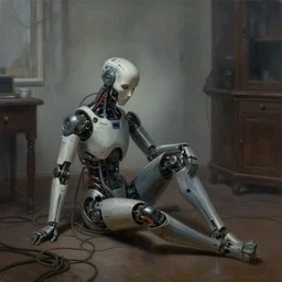 a cyborg sitting on the floor, inside an old apartment, cybernetic parts and wires and cables scattered across the floor, dystopian aesthetics, cyberpunk, detailed oil painting, misty, cinematic, dramatic lighting, ominous, by ilya kuvshinov and ruan jia and jeremy mann