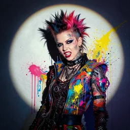 a punk girl with a face tattoo and many piercings, defiant, passionate, spotlight, paint drips, paint splatter, vibrant colors, dramatic, canvas texture, futuristic clothing, by marco paludet, by jeremy mann