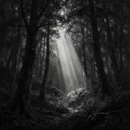 digital and traditional art painting of ethereal plane with forest and mountainside, black and white, small muted hint of colour, high detail, textured, by caestrad, dark background, unsettling, mystic, perfect lighting, high contrast, arstation, chris cold, artgerm, golden ratio, hard blacks, lightrays