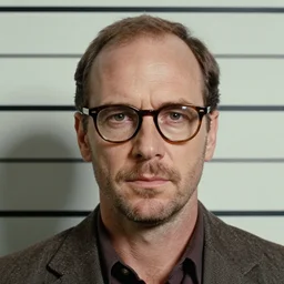 1970s of Mugshot Portrait of Bryan Cranston with glasses and no beard, with very short hair and a receding hairline, dressed in 1970s menswear, taken in the 1970s, photo taken on a 1970s polaroid camera, grainy, real life, hyperrealistic, ultra realistic, realistic, highly detailed, epic, HD quality, 8k resolution, body and headshot, film still, front facing, front view, headshot and bodyshot, detailed face, very detailed face