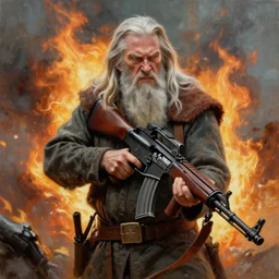 gandalf with an ar-15, oil painting, war photo, anger, fire, dramatic, very detailed, 4k, by Jeffrey Smith and Erin Hanson and Chad Knight