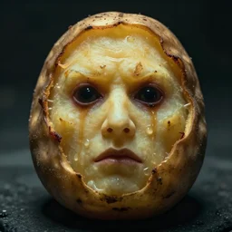 loaded baked potato face, villian, cinematic, realistic photo, unsettling