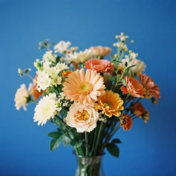 vintage grainy flower photography, blue background, highly detailed modern floral bouquet