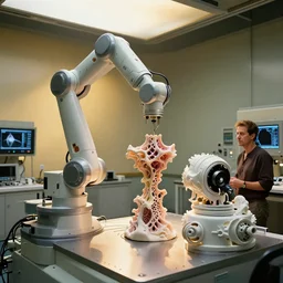 a complex bifurcated robotic. cnc surgical arm cybernetic symbiosis hybrid mri 3 d printer machine making organic ceramic fractal forms by wayne barlowe and beeple in the glass room laboratory with control panels, golden hour lighting, film still from the movie directed by denis villeneuve with art direction by wayne barlowe and salvador dali, wide lens, f 3 2,