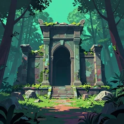 ancient ruins in the forest, retrowave art, vaporwave, trending on art station
