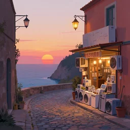 a lonely cobblestone street with a business selling electrical appliances, a lantern, on a cliff over the sea at sunset, artstation, colorful maurice noble concept art
