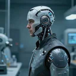 a laboratory engineer man with cybernetic enhancements seen from a distance, scifi character portrait by greg rutkowski, craig mullins, 1 / 4 headshot, cinematic lighting, dystopian scifi outfit, profile picture, mechanical, cyborg, half robot