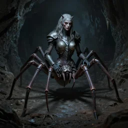 creepy matte painting of an armored female centaur with eight spider legs in a dark cave, ultra detailed, monster, half human half spider, human torso and head, human face, human arms, spider thorax, creature design, concept art, 8 k, moody lighting, muted colors, blue tone light, dramatic lighting, realistically proportioned face
