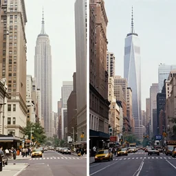 a side by side comparison photograph of new york city in 1 9 2 2 compared to new york city in 2 0 2 2, both pictures taken at the same location, professional photography, split by a white line