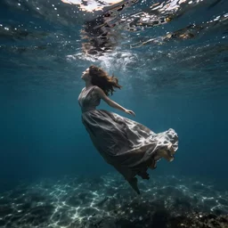 empty long dress, floats underwater in the sea,