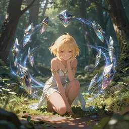 a cute sorceress with short blonde hair, with many detailed shields made of magical energy orbiting in circles over her body, protecting her as she crouches warily on a forest path, fantasy anime, digital painting