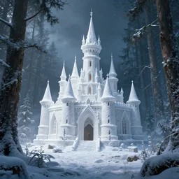 blizzard snow castle in dense forest, Game of Thrones, volumetric lighting, fantasy artwork, very beautiful scenery, very realistic painting effect, hd, hdr, cinematic 4k wallpaper, 8k, ultra detailed, high resolution, artstation