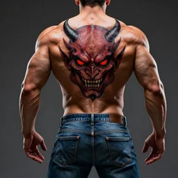 a muscular man back with his back muscles in the format of a demon face wearing jeans, anatomically correct, five fingers, cinematic, high coherence, highly detailed, high quality, 8 k, dramatic lighting, epic, digital art, concept art, octane render, unreal engine 5, trending on artstation, badass pose, hyperrealistic