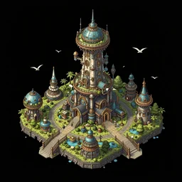 Isometric steampunk gothicpunk space tower garden on black background, ultra detailed illustration, aerial view, trending on ArtStation, Sim City 4, Anno 2070, by Simon Stålenhag and Jim Burns, black paper, birds eye view
