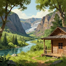 a homesteader standing on the porch of his log cabin. pastoral tribute to caspar david friedrich. a wide expansive valley with verdant foliage, tall broad oaks, a beautiful pellucid river running betwixt gorgeous igneous rock driven up by glaciers borderlands cel-shading illustration ismail inceoglu