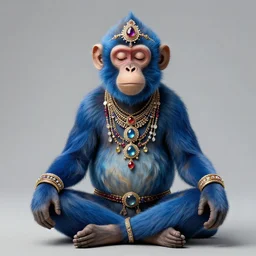 a meditating, blue monkey with lots of opulent jewelery by jeremy fish.