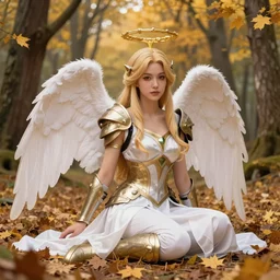 an angelic female warrior sitting in an autumn forest, fantasy graphic novel style, by wendy pini and virgil finlay, intricate, vivid gradient colors, very fine inking lines, extremely detailed, 4k, hd
