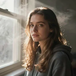 very very beautiful photograph of emily skinner looking like annie leonhart in a hoodie standing next to a window god rays shining on her from the sunlight, sharp focus, volumetric fog, smoke, depth of field, beautiful composition, very very very beautifull face, on artstation and instagram, ray tracing
