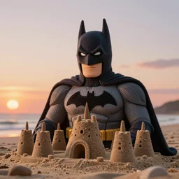 a large knitted batman guarding his batcave sandcastle during sunset at the beach Trending on artstation, featured on Behance, well-rendered, Unreal Engine, 4K HD
