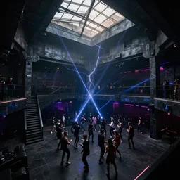a club, with a main dark room, with flash lasers piercing through the dark. lots of people dancing. lots of stairs to access extra levels in the club. concrete structure. painted black. architecture design. old warehouse. skylight. volumetric lightning. establishing shit. sunrise light. skylight windows. very detailed. 8 k