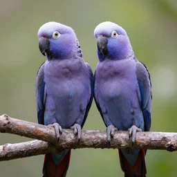 two purple parrots on a branch looking back at the camera