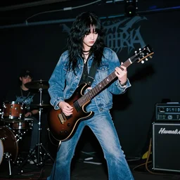 19-year-old girl with long shaggy black hair, permed hair, wearing denim jacket and bell-bottom jeans, playing electric guitar, stoner metal concert, heavy blues rock, doom metal, 30mm photography