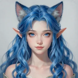 a painting of a extremely beautiful young cat girl and elves hybrid, symmetrical, long blue wavy hair, sharp focus on the eyes, long shot, full body and face, final fantasy, details, intricate, octane render, smooth face, illustration, hyperrealistic, by wlop and dmitry prozorov, artgerm, artstation, award winning,