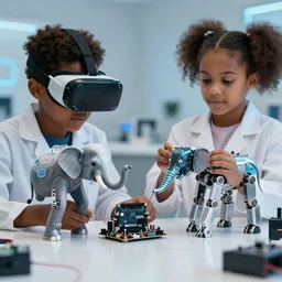 a black boy kid using a diy vr glasses arduino, a black girl kid scientist is constructing a elephant robot, futuristic, cyberpunk, xenomorphic, arduino, biomechanical, photorealistic, ultra detailed, 4 k, chromatic aberration, dof