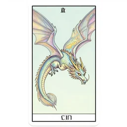 tarot card illustration of a beautiful iridescent flying dragon with expressive eyes and long tail, by mucha rackham gustavedore