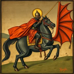 medieval painting of a black person as saint george on horse fighting the dragon,