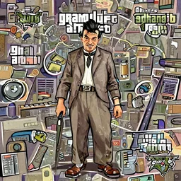 Charlie Chaplin in Grand Theft Auto V cover art, epic, 4k resolution, extremely detailed, very sharp, artstation, digital art, vibrant,