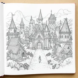 an adult coloring book page of a fantasy village