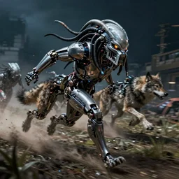cybernetic neo - predator mind transfer : wolf - like creatures running impossibly fast through the night, hunting prey and reveling in their machine - aided supremacy over any natural creature, sci - fi fantasy illustration furaffinity