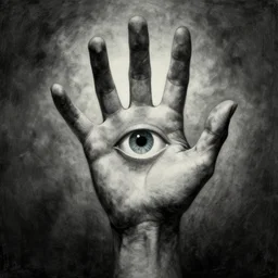 a giant hand with an eye at the center, reaches enlightenment and nirvana, beksinski