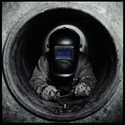 welder wearing welding mask hiding in a sewage pipe, ominous lighting, by richard avedon, tri - x pan stock