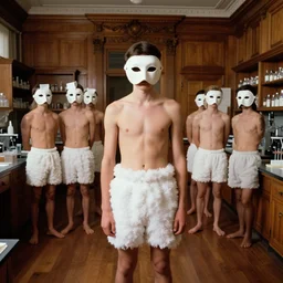 realistic photo portrait of the sleeping university class, faceless, white carnival mask, wearing fluffy cotton shorts, beautiful symmetrical faces, standing in the spacious wooden polished and fancy expensive wooden laboratory interior room 1 9 9 0, life magazine reportage photo
